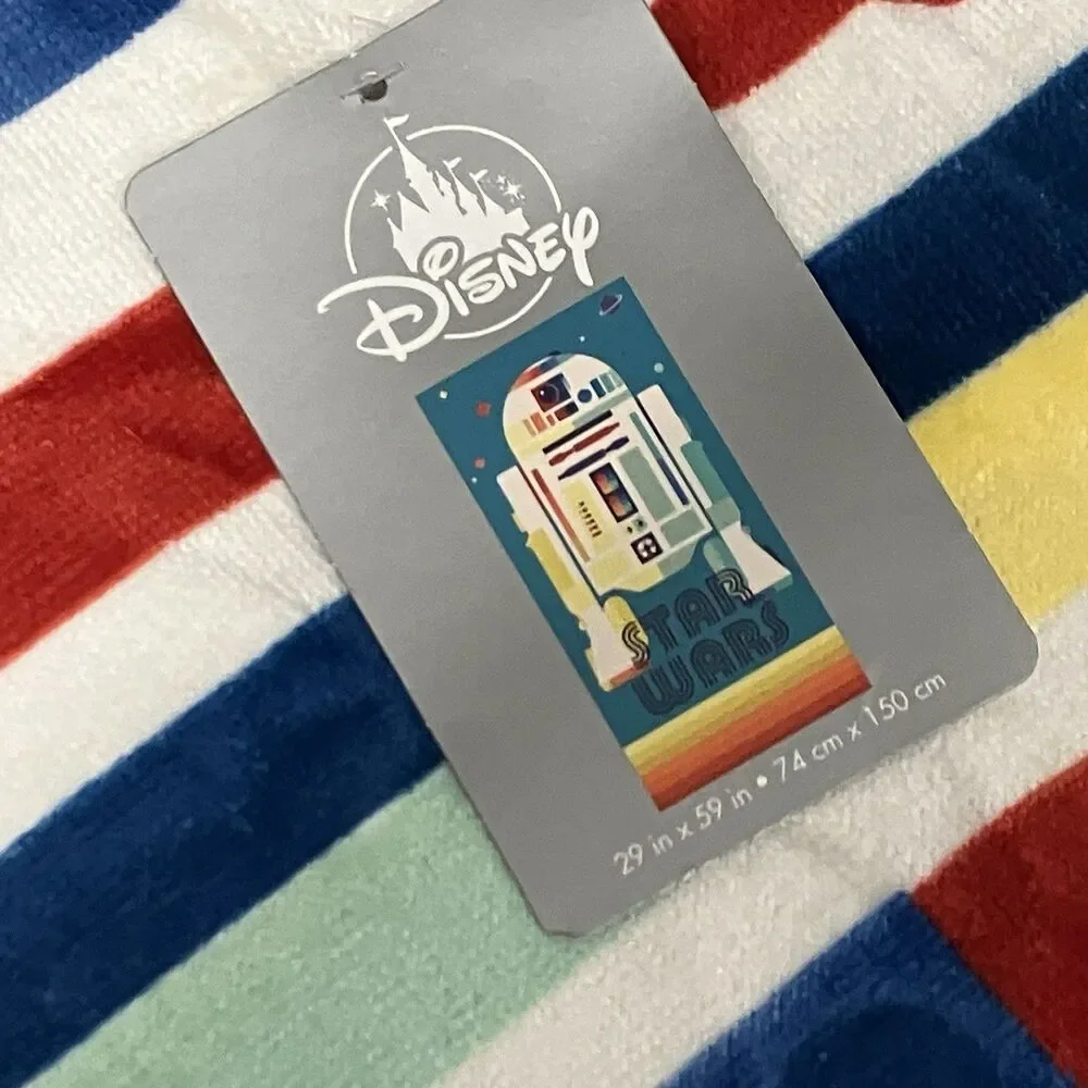 Disney Star Wars R2-D2 Adult Beach Towel Blue Retro Stripe Pool Bath Towel 29x59